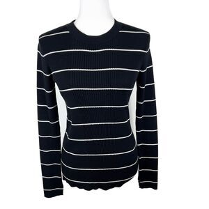 Athleta Sweater Women Small Black White Ribbed Knit Striped Bayside Pullover